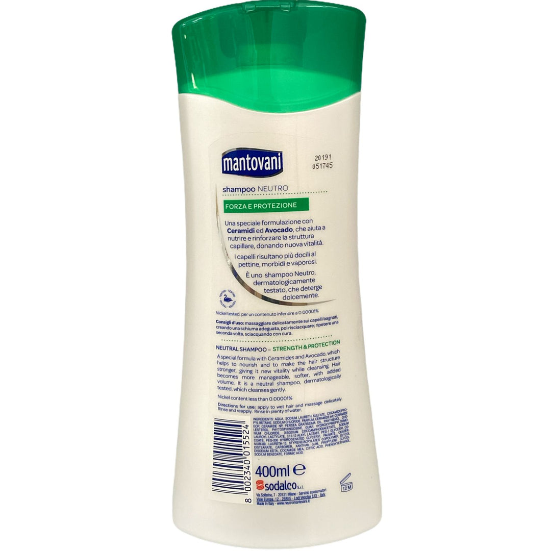 Mantovani shampoo neutro forza e protezione con ceramidi e avocado 400 ml