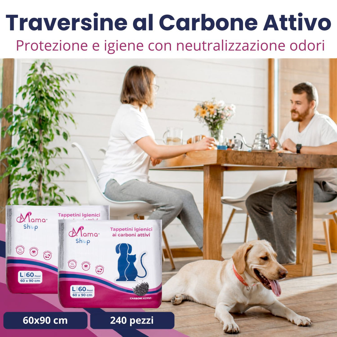 Traversine Igieniche per Cani 60x90 ai Carboni Attivi – 240 Pezzi | Mama Shop