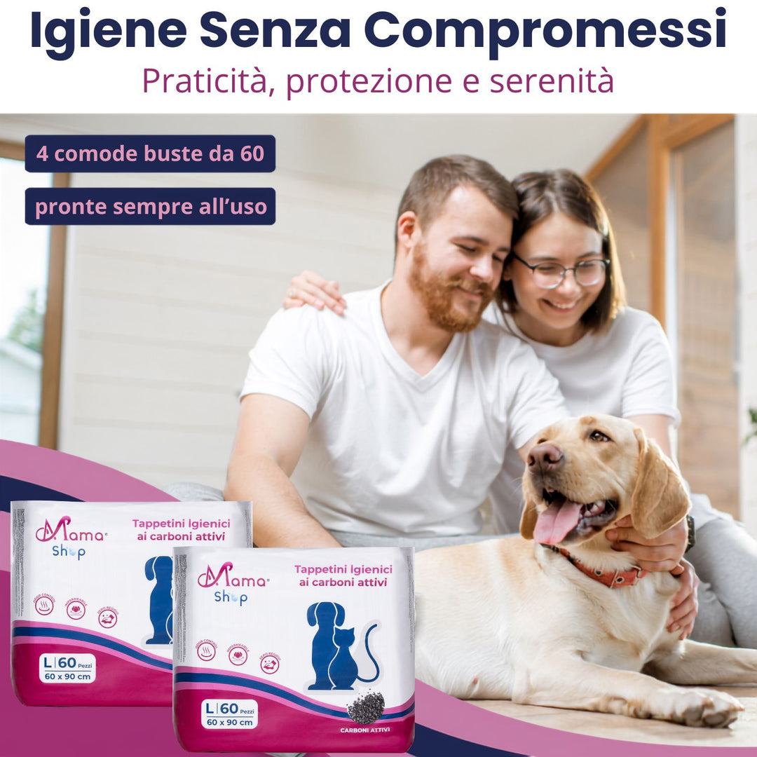 Traversine Igieniche per Cani 60x90 ai Carboni Attivi – 240 Pezzi | Mama Shop