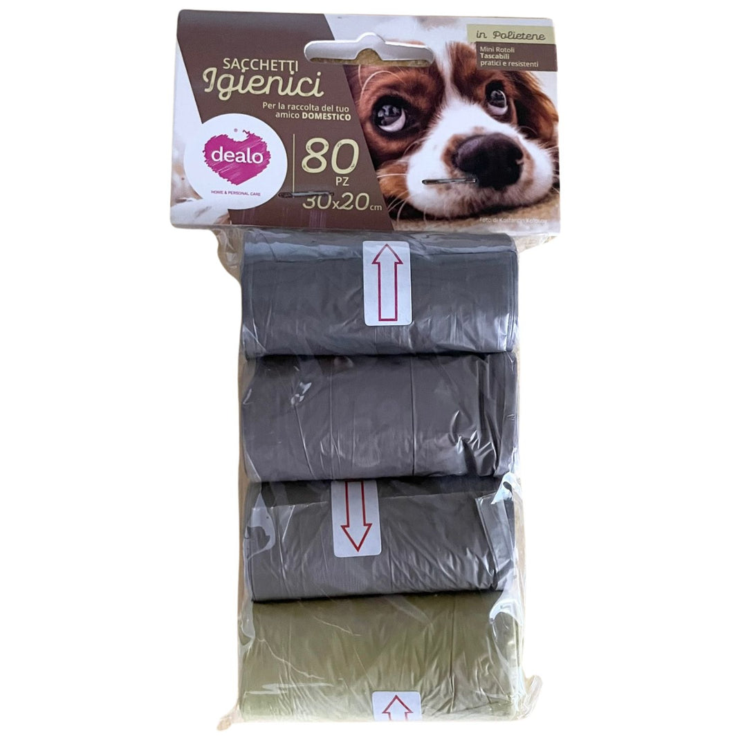 Sacchetti Igienici per Cani Dealo – 80 Pezzi (30x20 cm) in Polietilene, Resistenti e Tascabili per la Raccolta dei Bisogni [Mini Rotoli Portatili]