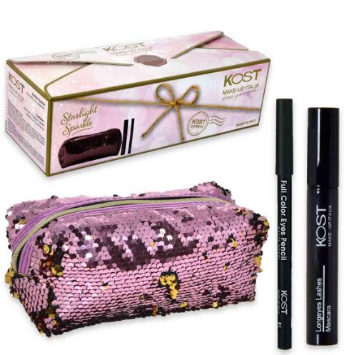 Kost Make-up Set con Pochette Rosa Paillettes, Mascara e Matita Nera – Idea Regalo Glamour