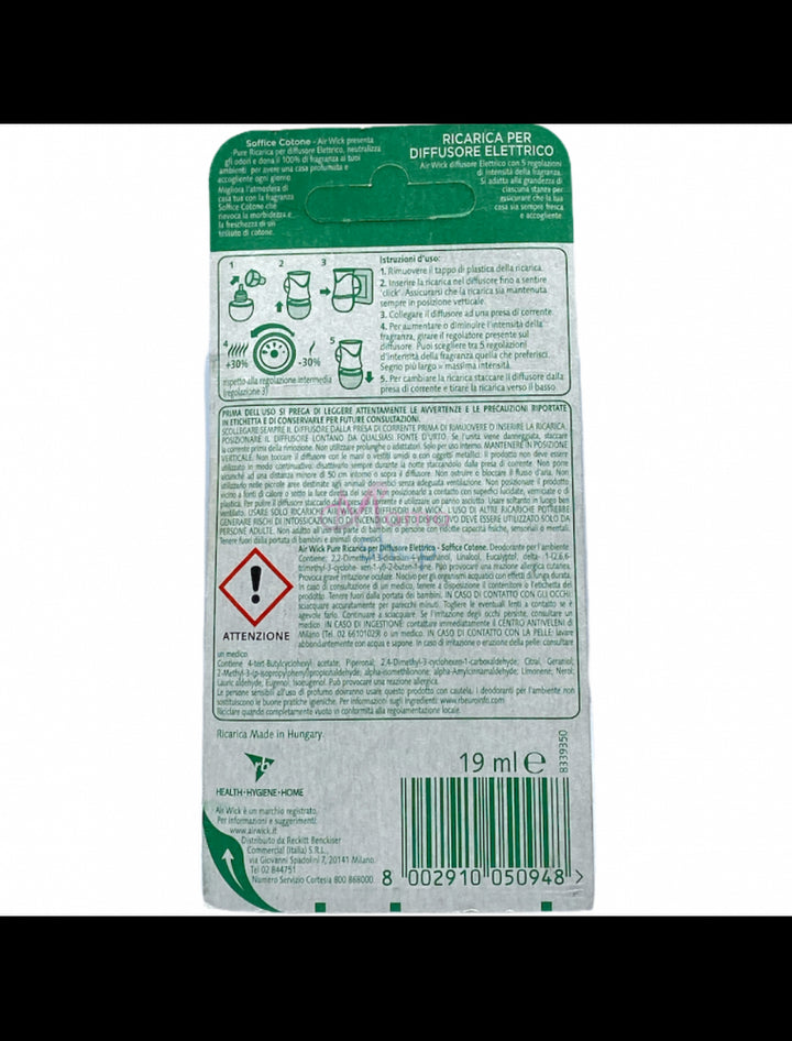 Air Wick Ricarica Elettrica Pure Soffice Cotone 19 ml – Profumo Fresco e Pulito per un'Ambiente Accogliente