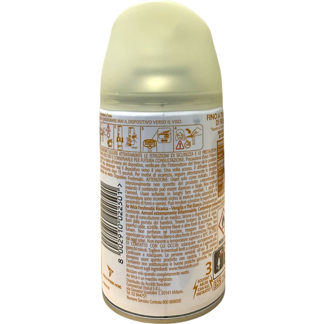 Air Wick Freshmatic Ricarica Spray Automatico 250 ml – Vaniglia e Tè Bianco, Fragranza Avvolgente e Rilassante per Ambienti Profumati a Lungo