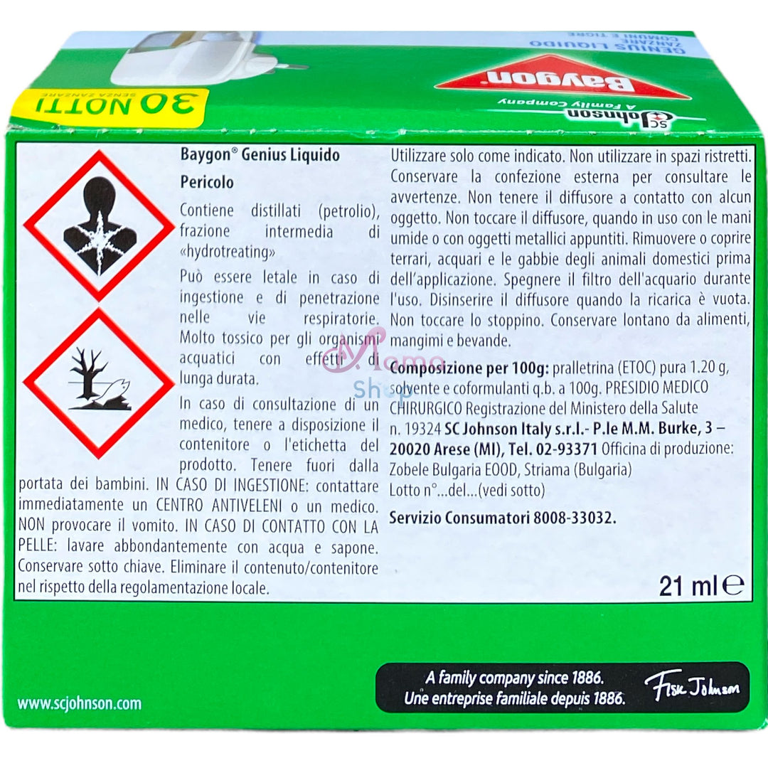 Baygon Diffusore Elettrico + Ricarica Liquida 30 Notti (21 ml) – Protezione Continua Contro le Zanzare per un Sonno Tranquillo