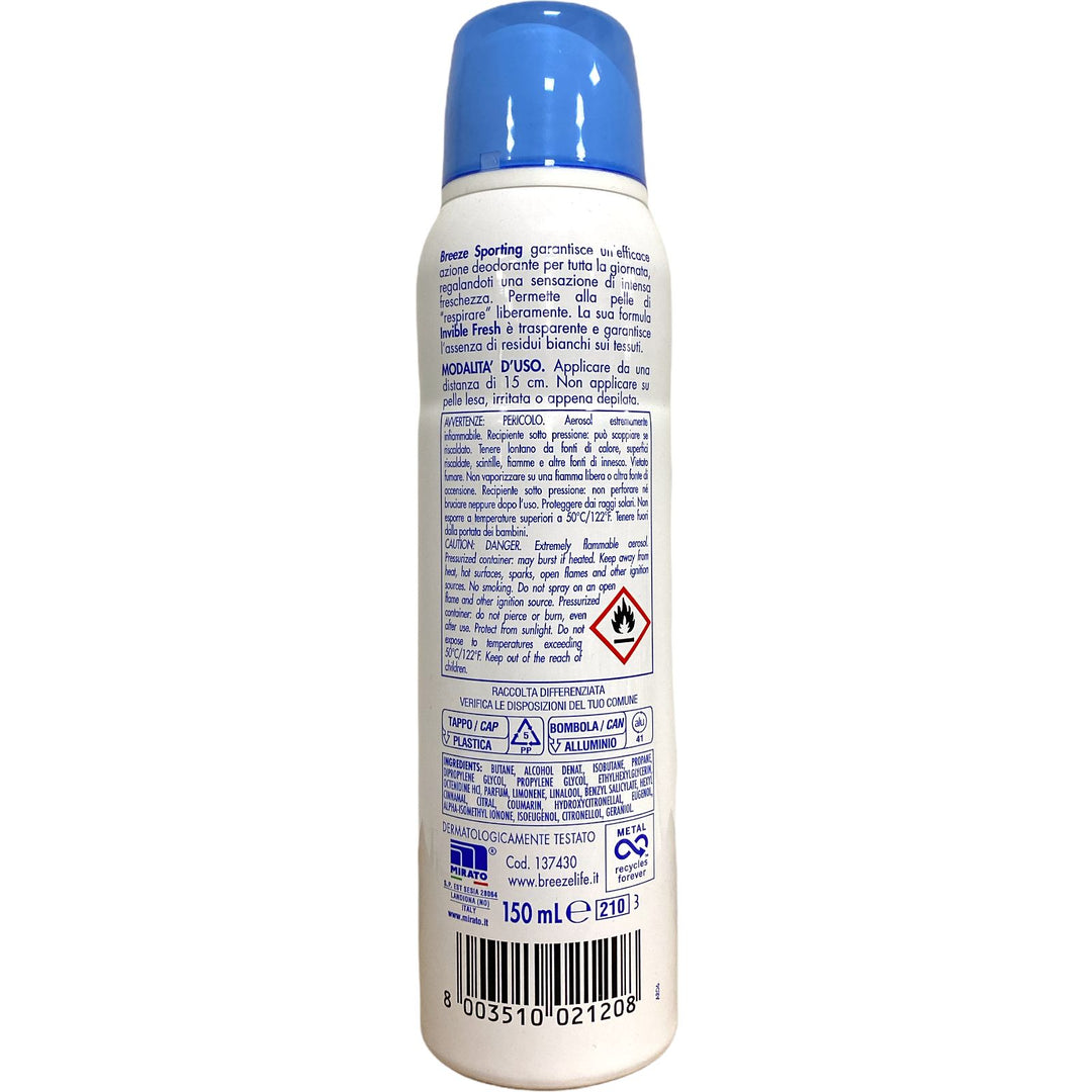 Breeze Deodorante Spray Sporting 150 ml – Freschezza Intensa e Protezione 48h per una Vita Attiva