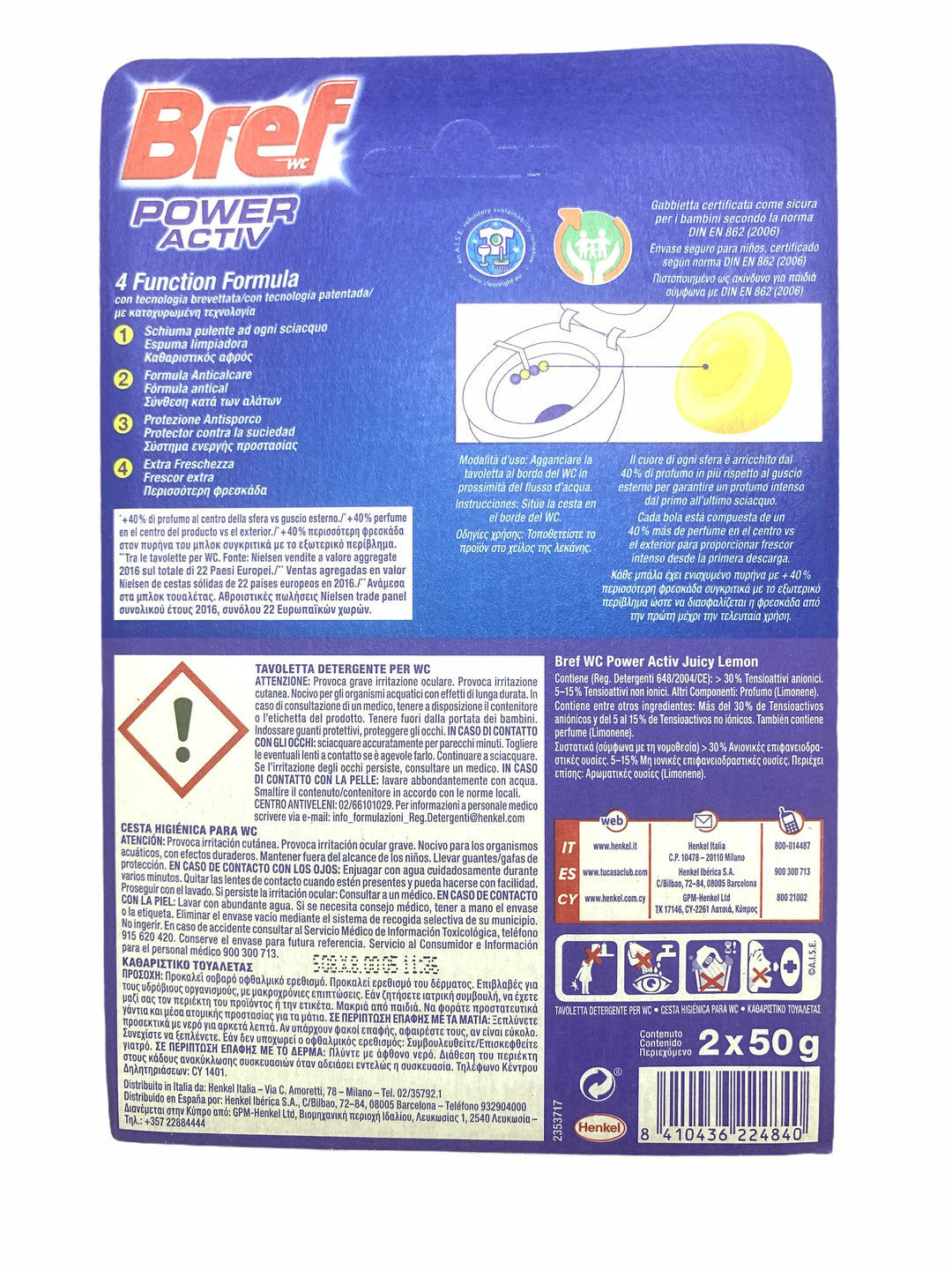 Bref WC Power Active Lemon 2x50 g – Detergente e Deodorante per WC con Freschezza al Limone