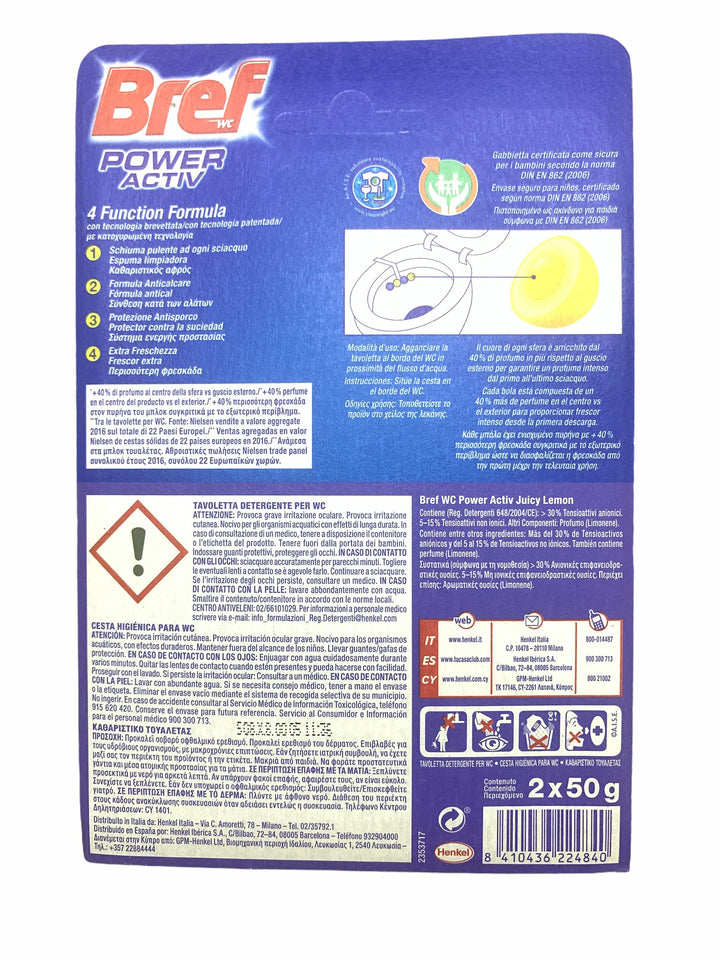 Bref WC Power Active Lemon 2x50 g – Detergente e Deodorante per WC con Freschezza al Limone