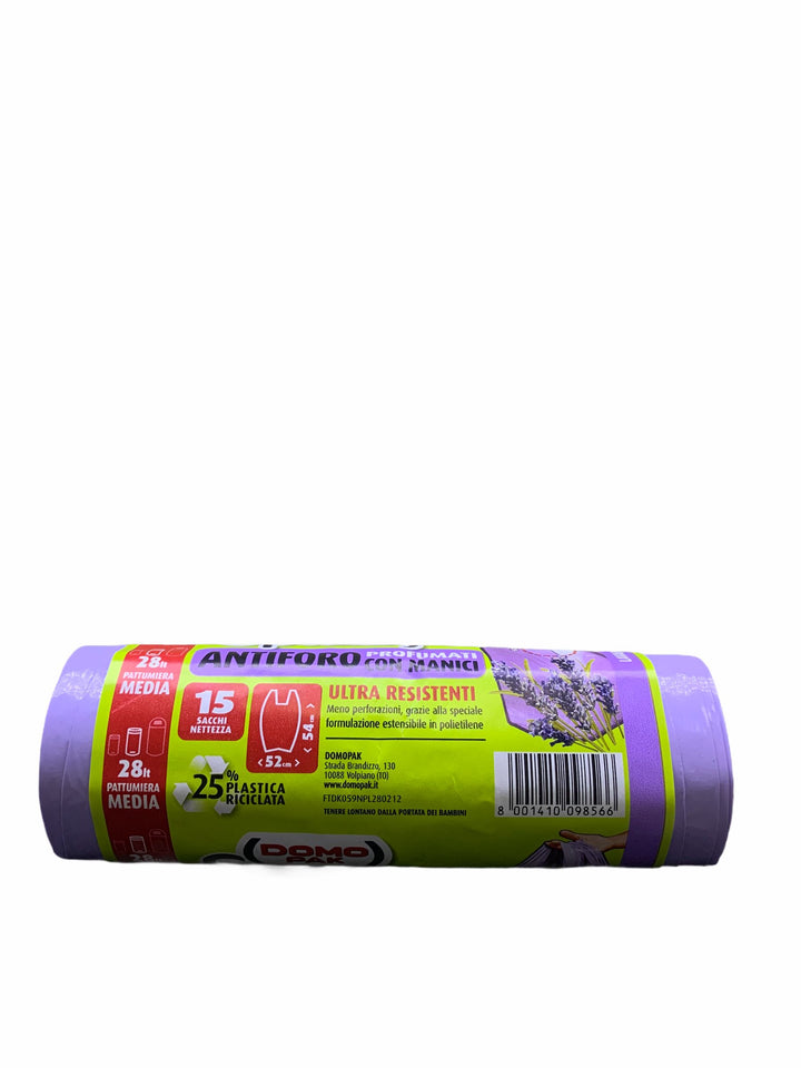 Domopak Spazzy Sacchi Antiforo Profumati alla Lavanda 52x54 cm x15 – Extra Resistenza e Freschezza per la Raccolta Differenziata