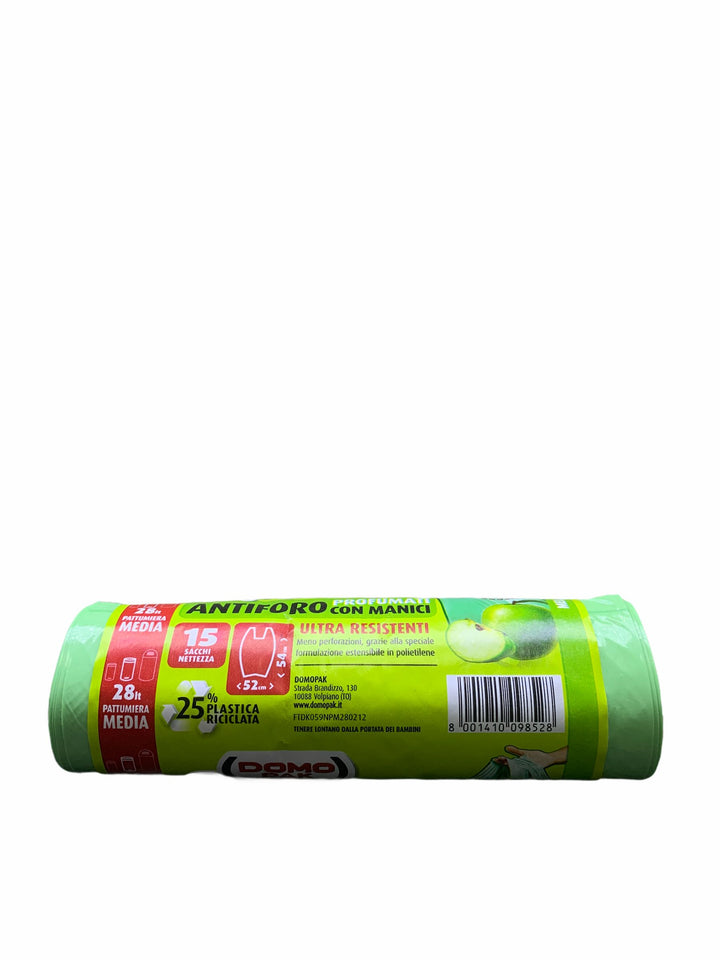 Domopak Spazzy Sacchi Antiforo Profumati Mela Verde 52x54 cm x15 – Resistenza e Freschezza Fruttata per la Raccolta Differenziata
