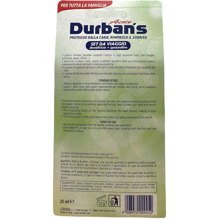 Durban's set da viaggio spazzolino più dentifricio al fluoro e menta 25 ml