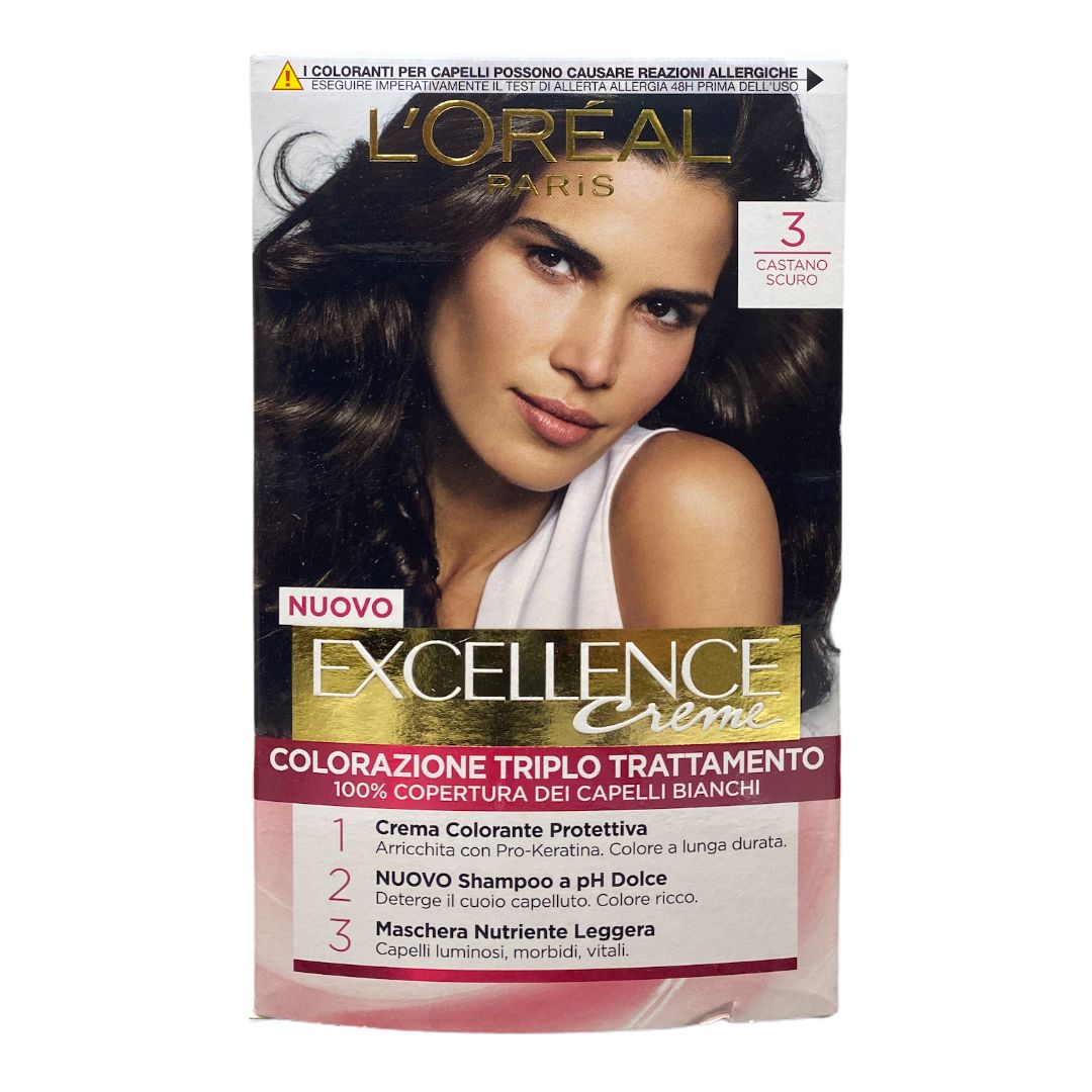 Excellence Creme Colorazione 3 Castano Scuro – Trattamento Professionale per Capelli Copertura Totale dei Capelli Bianchi