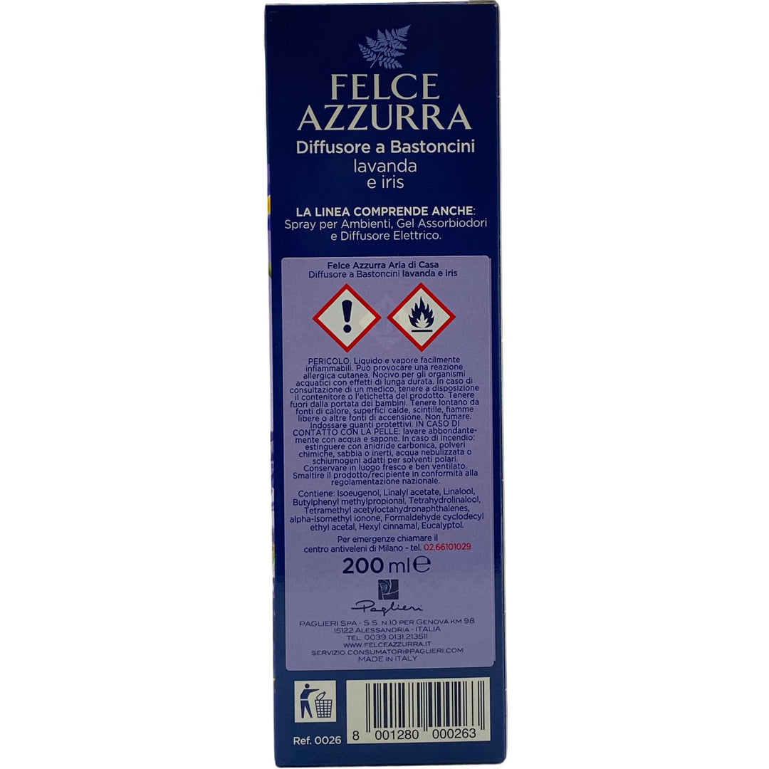 Felce Azzurra Diffusore a Bastoncini Aria di Casa Lavanda e Iris 200 ml – Fragranza Rilassante per Ambienti Eleganti
