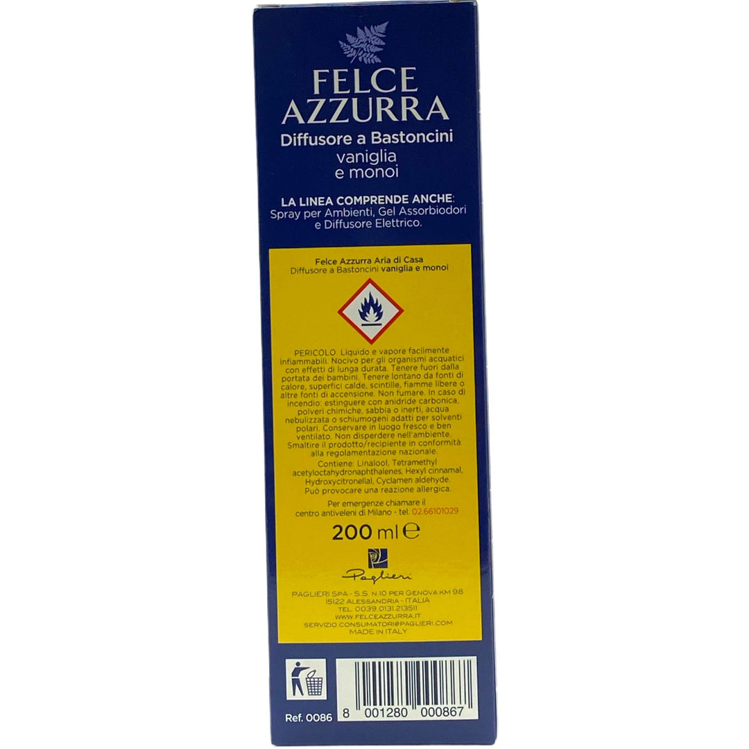 Felce Azzurra Aria di Casa – Diffusore a Bastoncini Vaniglia e Monoi 200 ml – Fragranza Dolce ed Esotica per un'Atmosfera Avvolgente