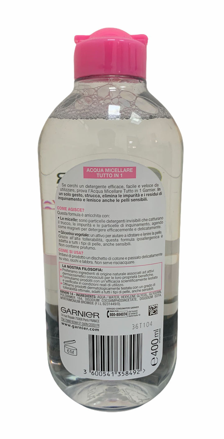 Garnier Acqua Micellare Tutto in 1 Pelli Sensibili 400 ml – Deterge, Strucca e Lenisce in un Solo Gesto