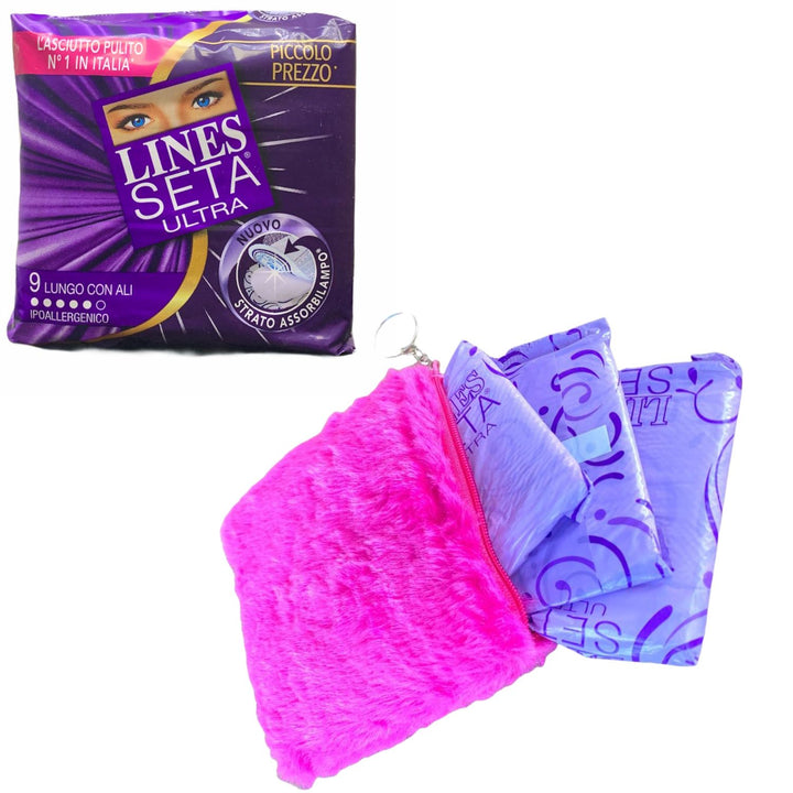 Set Lines Seta Ultra Lungo con Ali x9 con Pratico Porta Assorbenti in Peluchei ,colore casuale