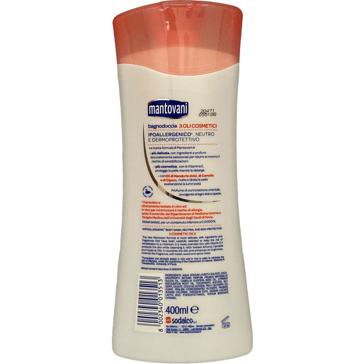 Mantovani bagno doccia neutro dermoprotettivo ai 3 oli cosmetici con olio di camelia mandorle dolci e cipero  400 ml
