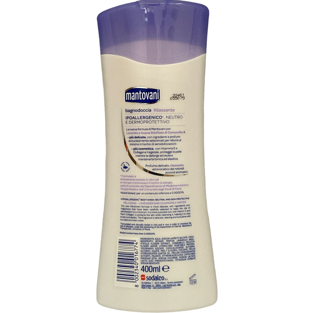 Mantovani bagno doccia neutro dermoprotettivo rilassante profumo di lavanda e acqua di camomilla 400 ml