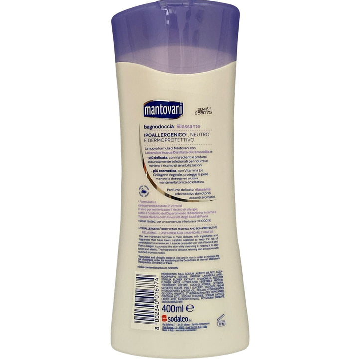 Mantovani bagno doccia neutro dermoprotettivo rilassante profumo di lavanda e acqua di camomilla 400 ml