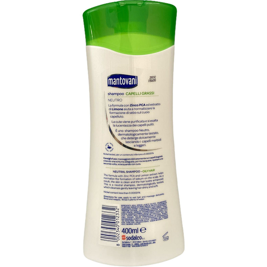 Mantovani shampoo neutro capelli grassi con zinco ed estratto di limone 400 ml