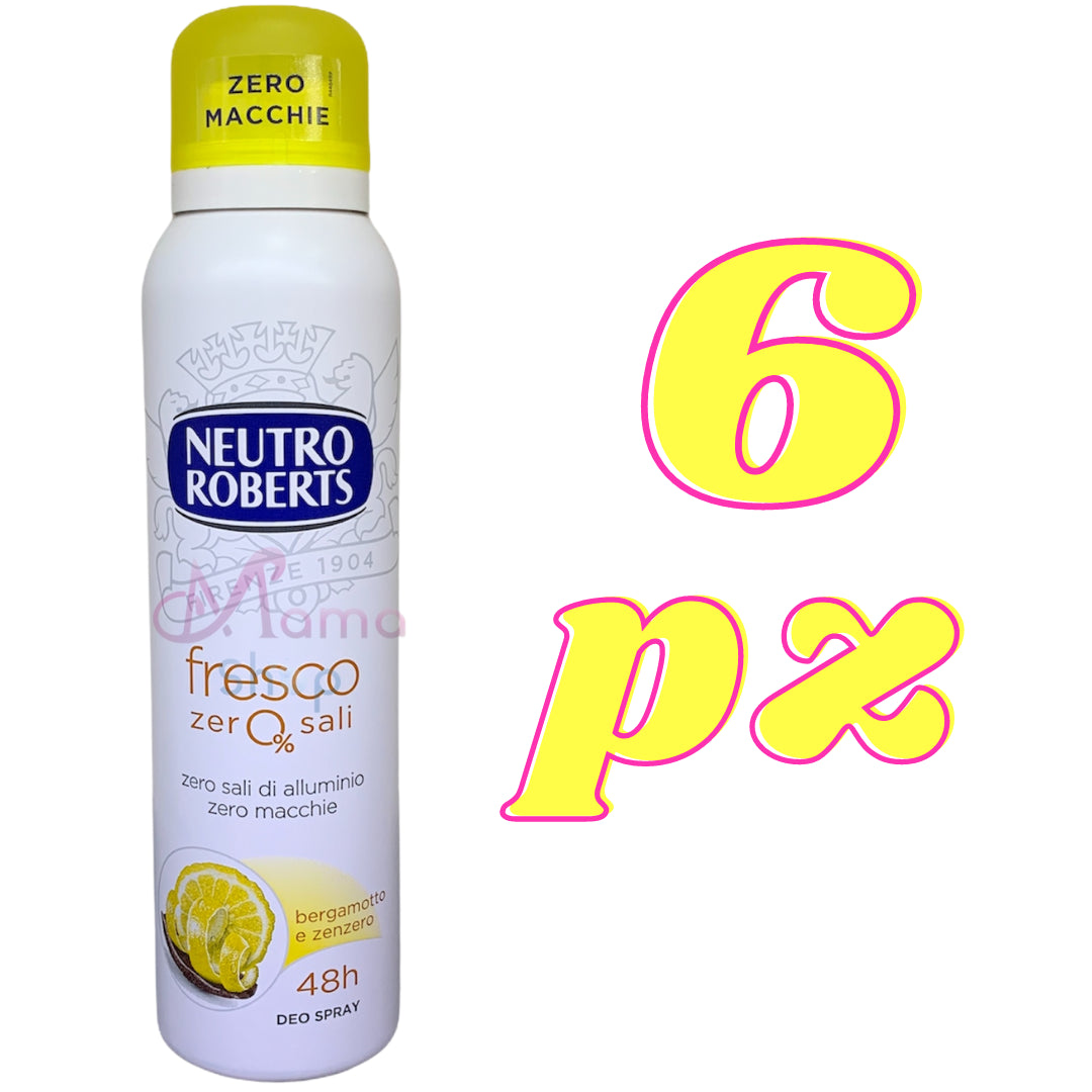 Neutro roberts deodorante spray fresco bergamotto e zenzero zero macchie 150 ml - Set da 6 pz -